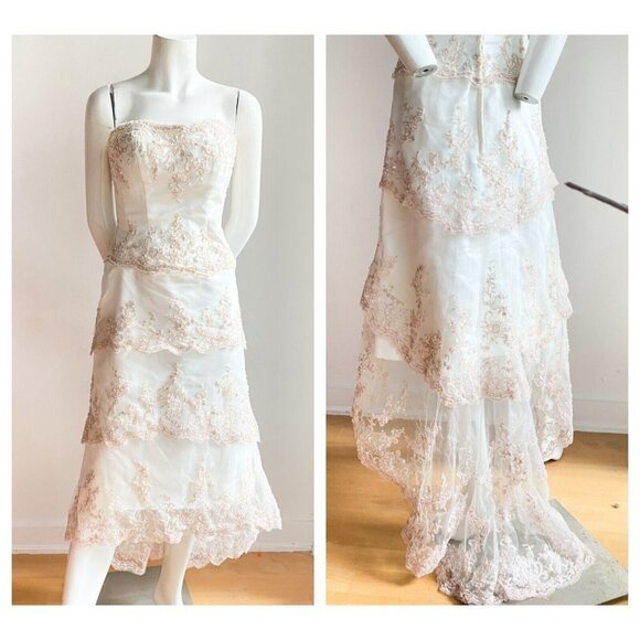 Jade Daniels Ivory Pink Beaded Lace Accent Strappless High Low Dress M